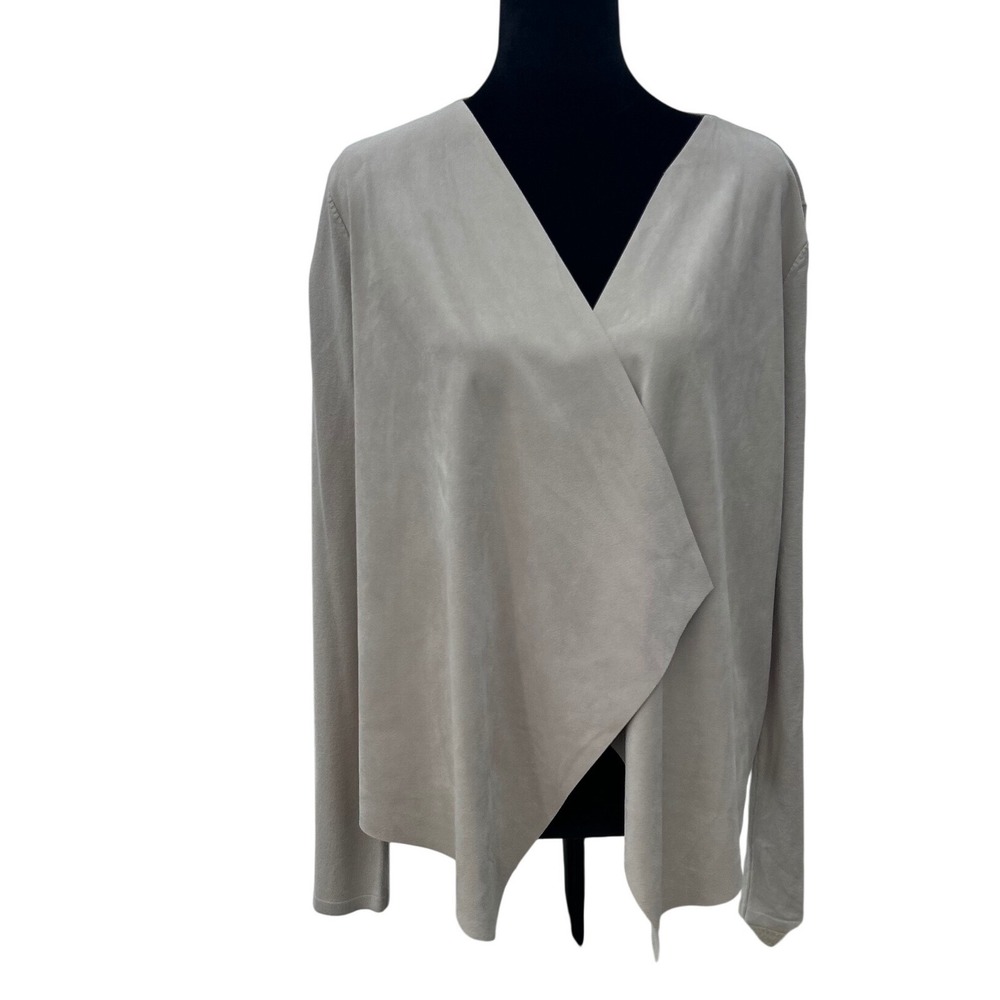 INC International Concepts Faux Suede Wrap Top Beige Tan Long Sleeve V-Neck M